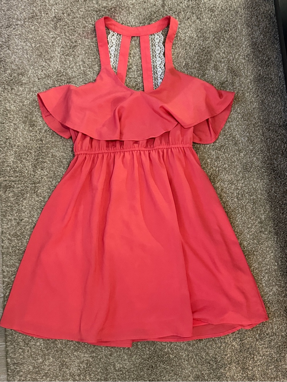 & Other Stories Coral Pink Ruffle Mini Dress with Lace Back
